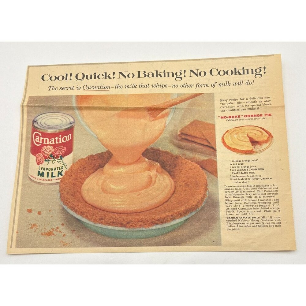 Carnation Evaporated Milk Vintage Print Ad 1950s Recipe No-Bake Orange Pie